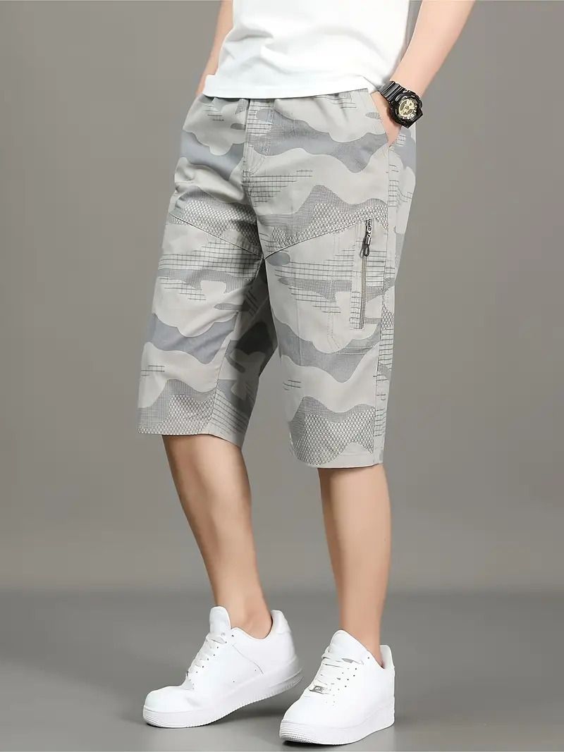 FABRIPPLE Light Grey Camouflage Cargo Shorts for Men - Image 1